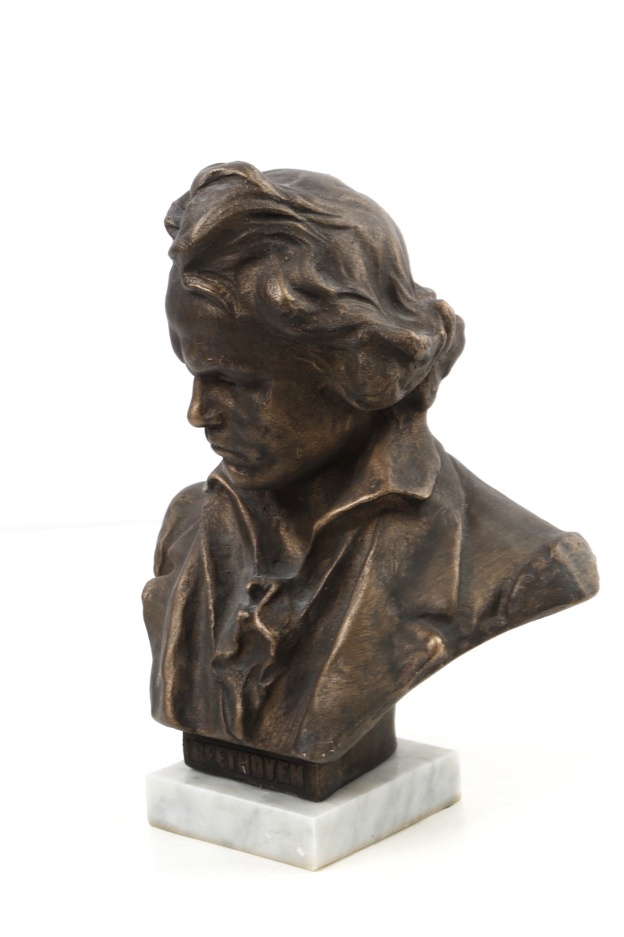Vintage Ludwig Van Beethoven Bronze Bust Statue Marble Base Sculpture Classic